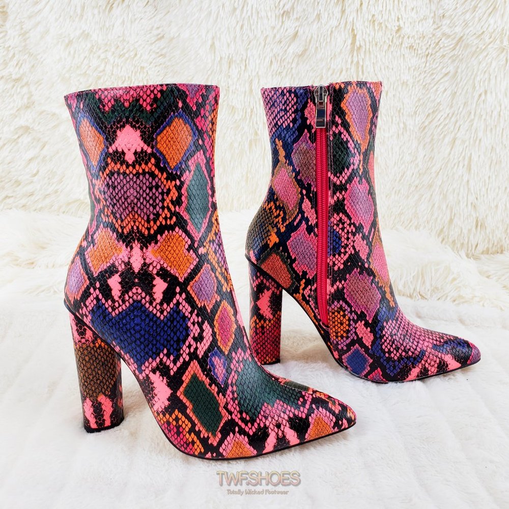 Hot Pink Multi 4" Chunky High Heel Ankle Boots - Picture 3 of 11